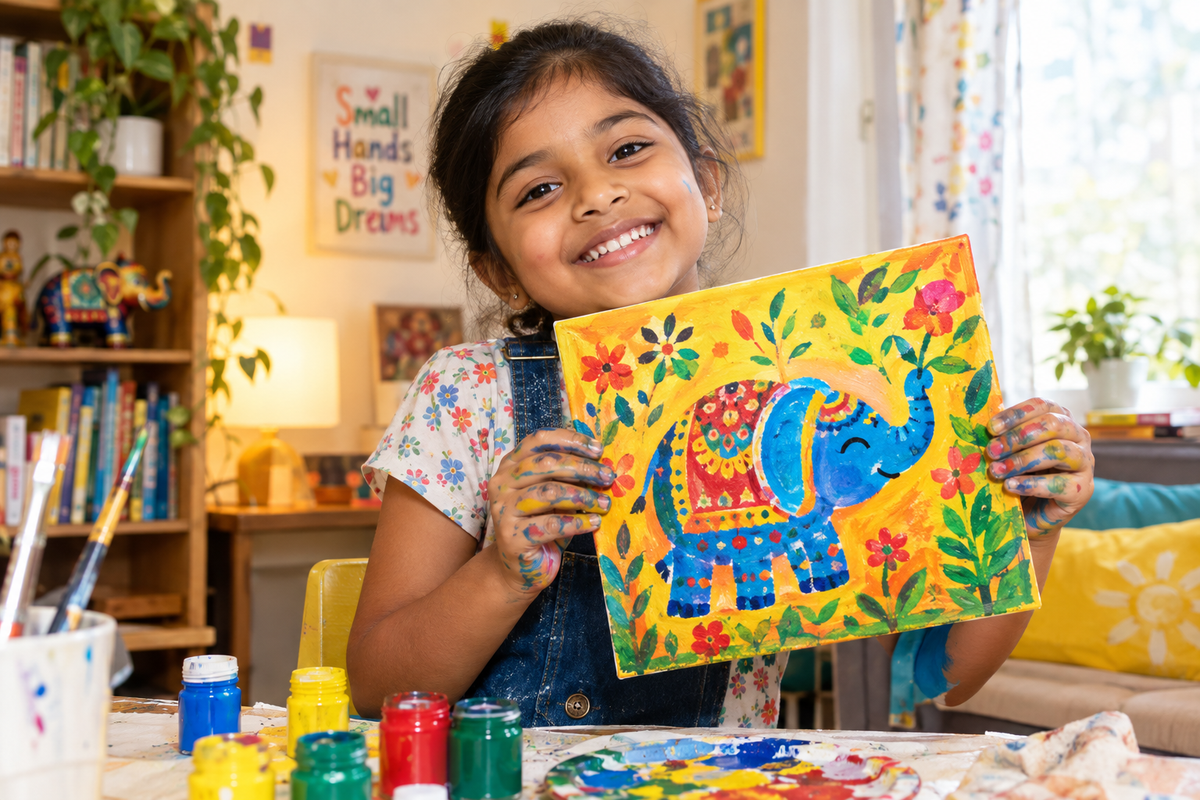 Child showing finished artwork