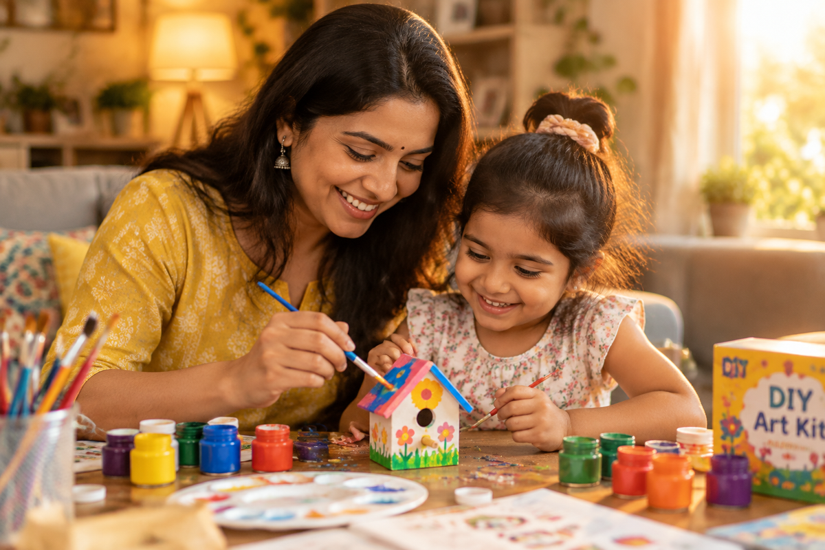 Mother and child painting together